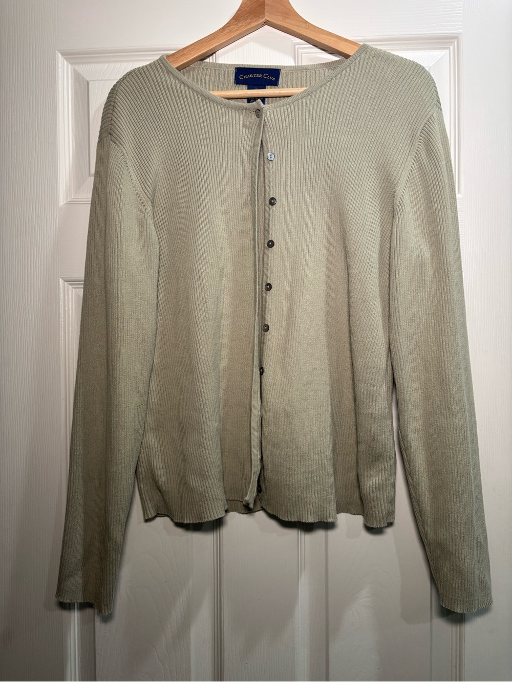 Charter Club Sage Green Ribbed Button Cardigan Knit Sweater Size L Cozy Soft